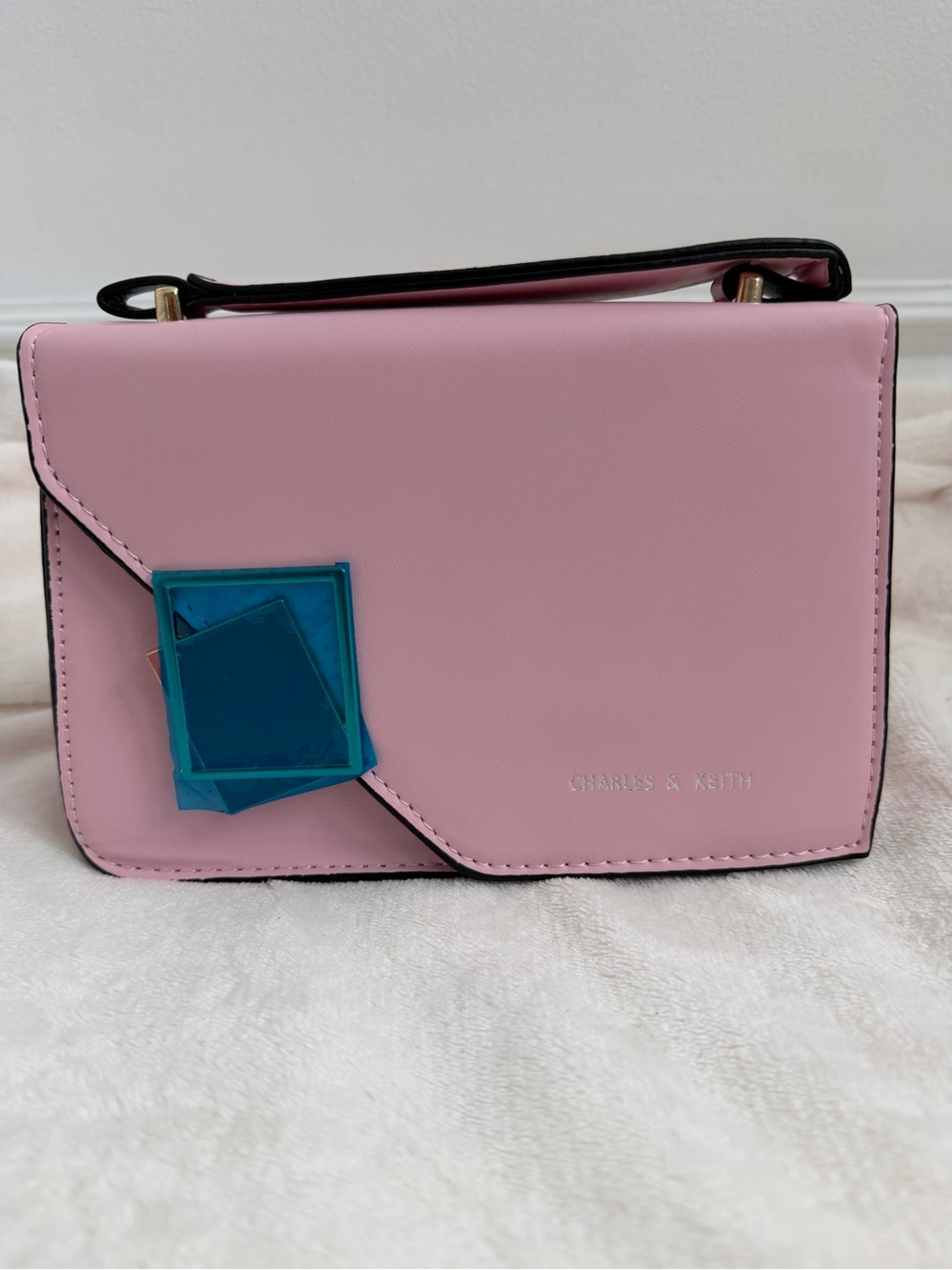 Charles & Keith Pink Crossbody with Blue Geometric Accent